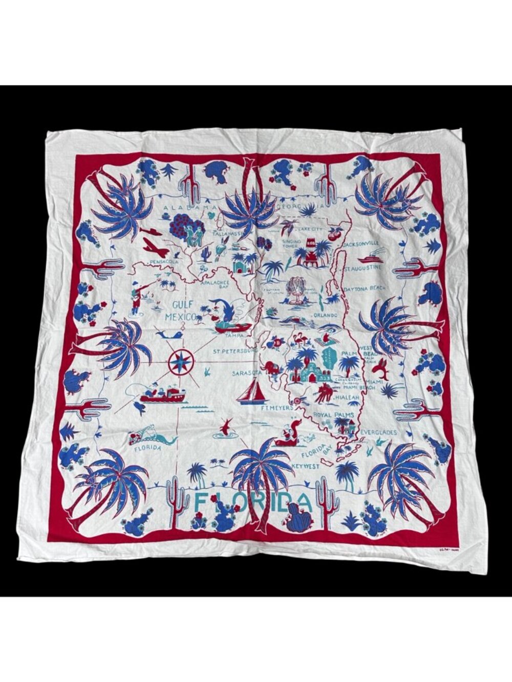 Vintage Florida Map Tablecloth Mid Century Kitschy Landmarks Red White Blue - Picture 2 of 8
